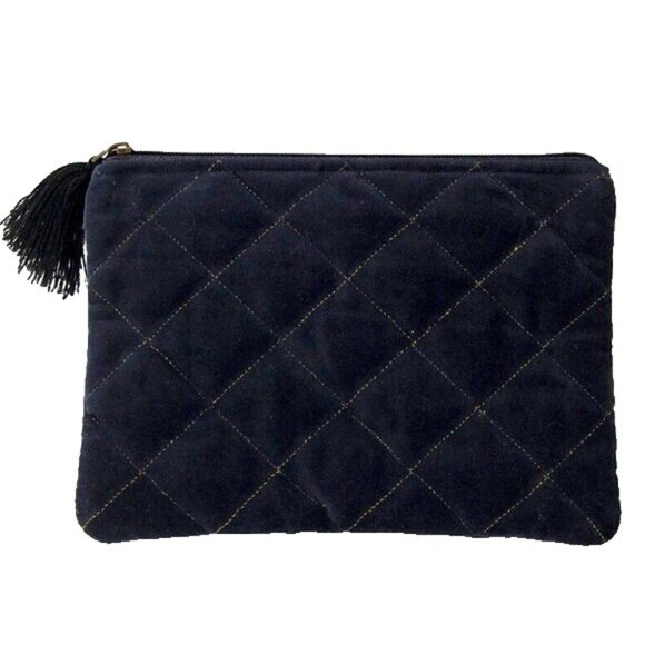 Quilted Black Velvet Clutch Pouch with Fine Thread Tassel and Zip Top Metallic - Picture 4 of 8